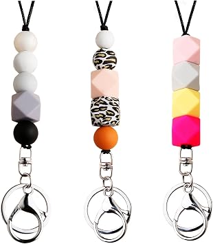 3PCS Teacher Breakaway Lanyards for Id Badges and Keys, Beaded Cute Badge Lanyards for Women Soft Nurse Necklace Boho Lanyards Fashion Silicone Wood Bead Lanyard