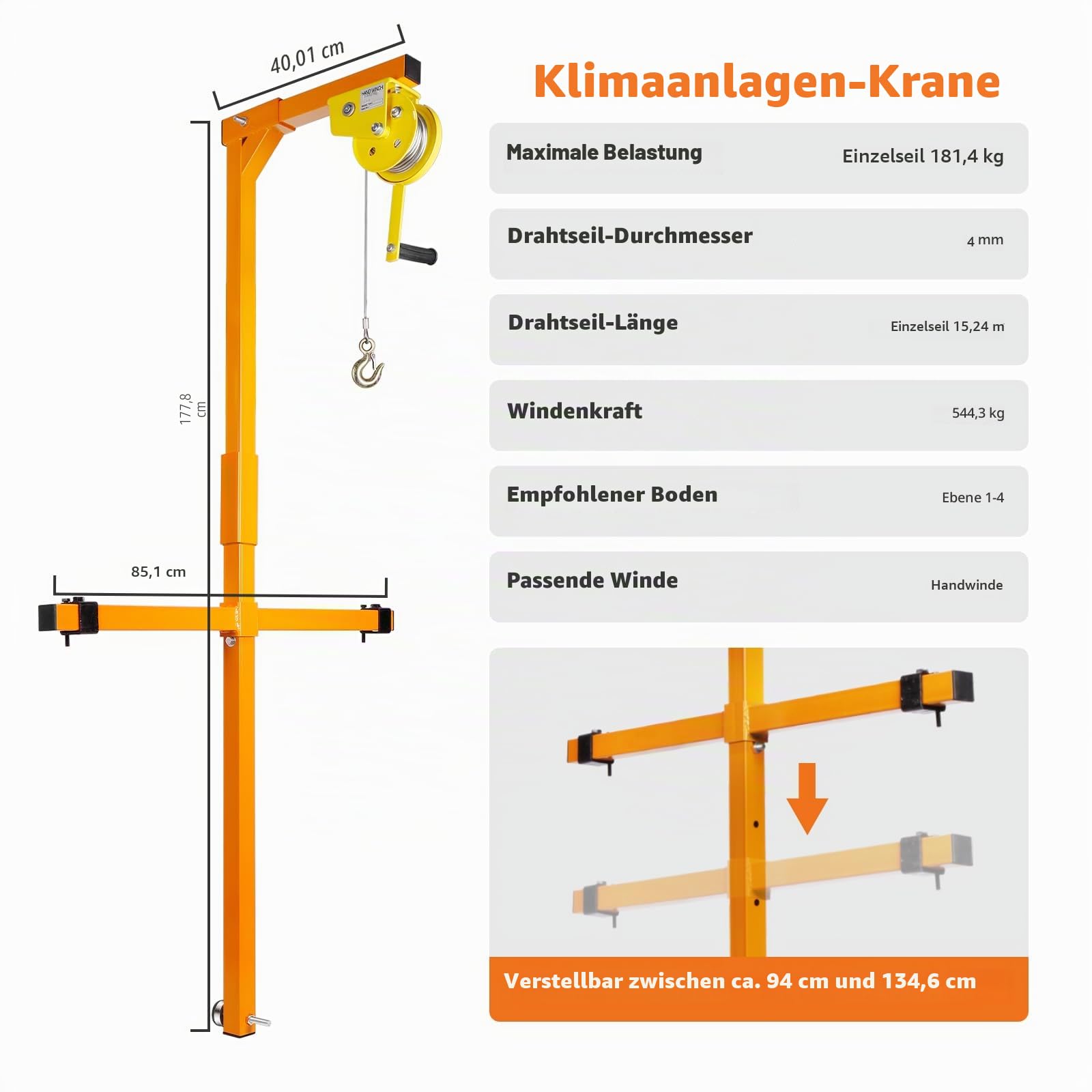 Klimagerät Hebekräne, Klimagerät Hebewerkzeug, 180 kg Tragfähigkeit, Kranhalterung für die Installation von Außenklimaanlage, manuelle Seilwinden