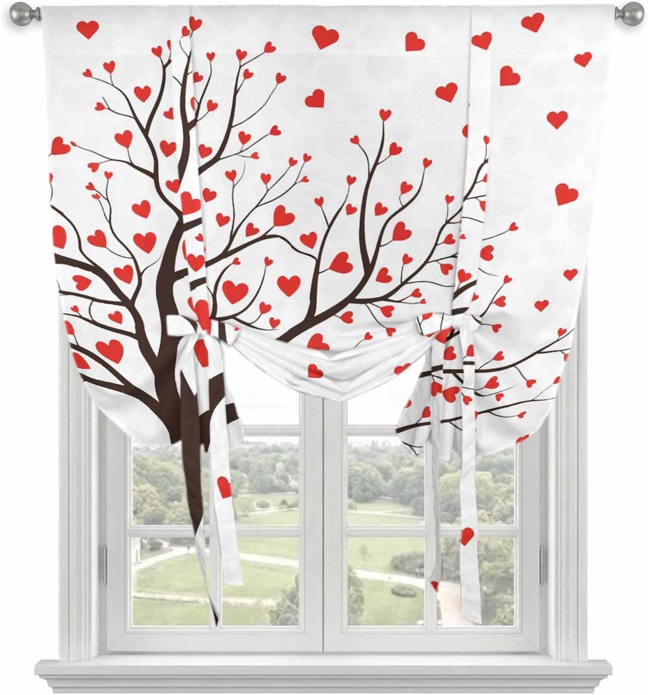 Love Tree Tie Up Curtains for Window, Valentine's Day Red Heart Modern Minimalist Thermal Insulated Balloon Shade Adjustable Rod Pocket Curtains Valance Panels for Kitchen Bathroom Café 42'' x 45''