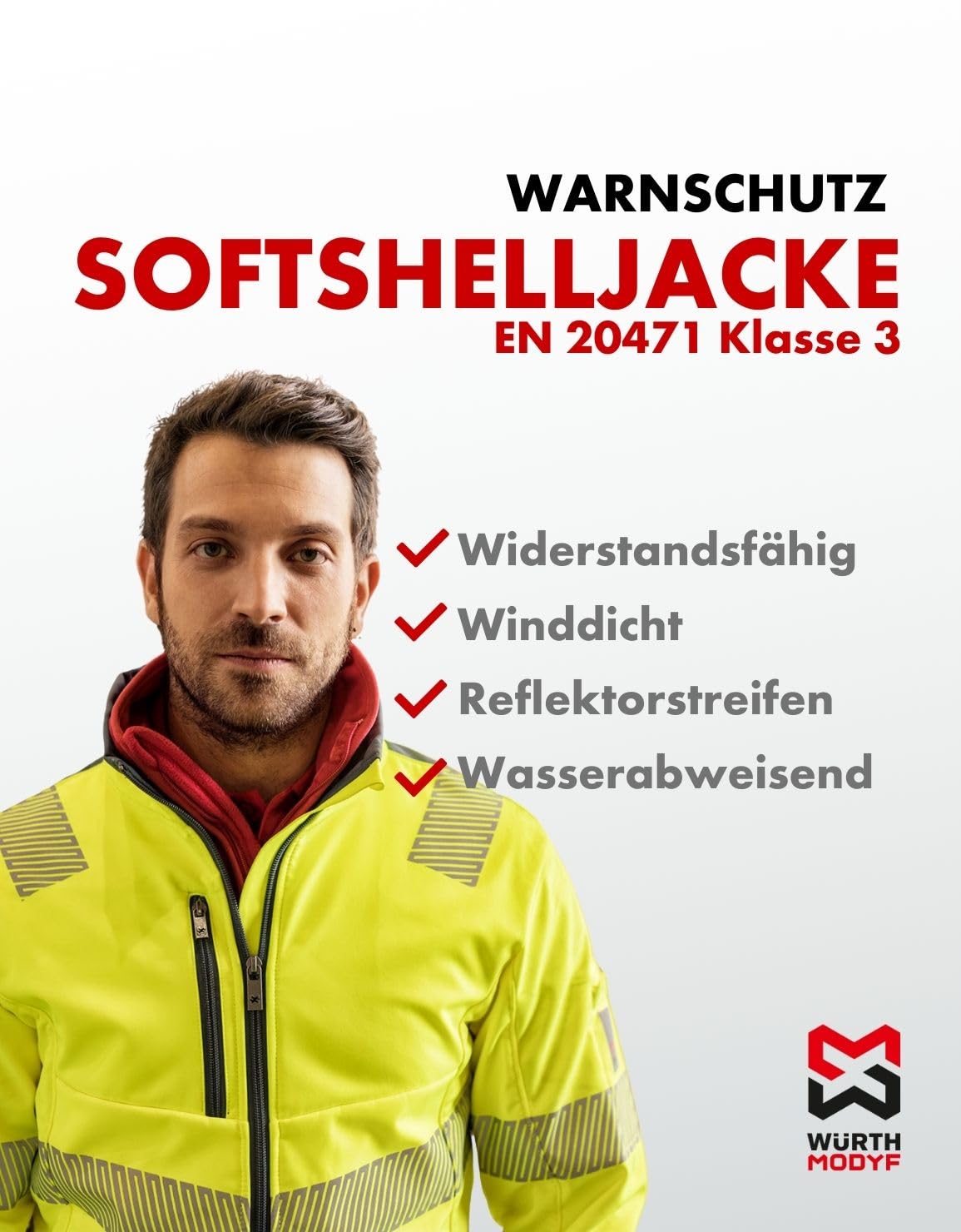 WÜRTH MODYF Warnschutz Softshelljacke Neon – hochwertige & reflektierende Arbeitsjacke in den Größen XS – 6XL – winddicht, atmungsaktiv & wasserabweisend (8.000 mm WS) – in Gelb und Orange