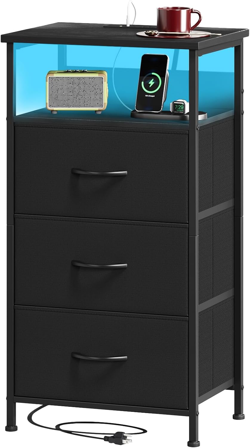 Somdot Black Nightstand with Charging Station and LED Light for Bedroom, Tall 3 Drawers Dresser with Fabric Bins for Bedside Kids Dorm Room Closet Laundry Entryway, Black 11.8"D x 16.5"W x 31.1"H (3 Drawers) Black 1