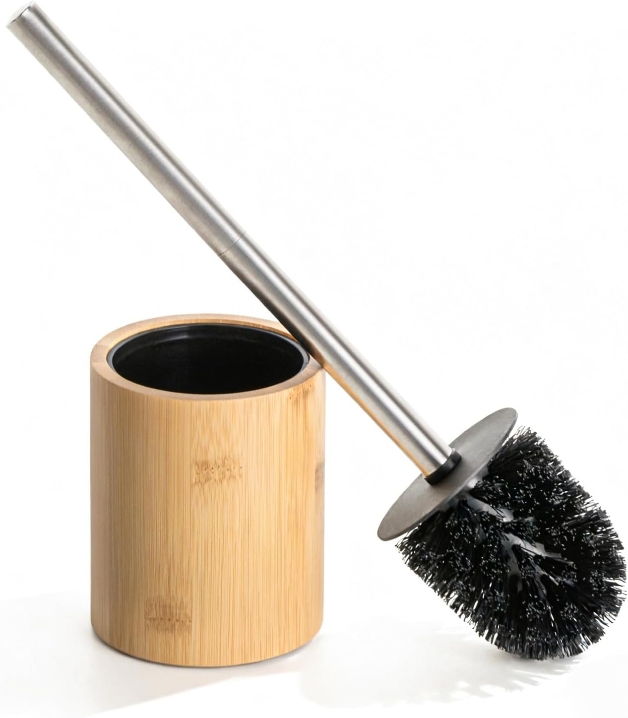 Round Bamboo Toilet Brush, Stainless Steel Long Handle, Freestanding Bathroom Cleaning Brush for Toilet Bowl