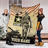 Personalized U.S. Army Blanket, Custom Name, Soldier Silhouette, Silky Touch Sherpa Back Super Soft Throw, Officer Insignia Rank USA Military Veteran