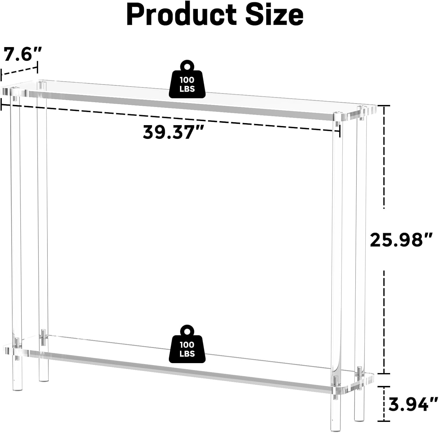 Acrylic Narrow Console Table,7.6" D x 39.4" W x 31.2" H Modern Acrylic Sofa Table,2-Tier Clear Entryway Lucite Desk for Sofa, Hallway, Living Room