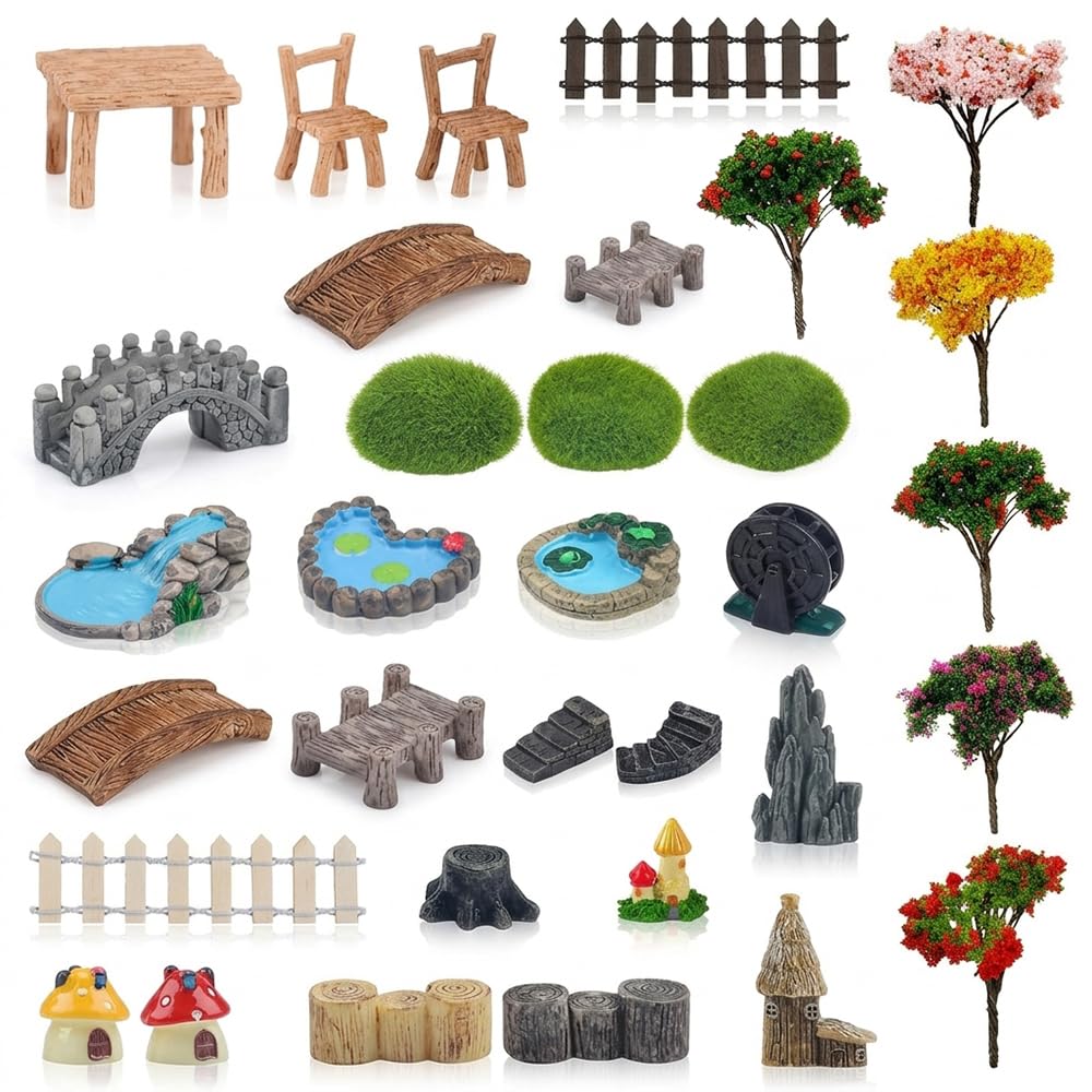 31 Pcs Miniature Fairy Garden Accessories Kit Resin Micro Landscape Ornaments with Mini Trees Ponds Bridges Fences Houses for Terrarium Dollhouse Bonsai Plant Pots Outdoor Decor