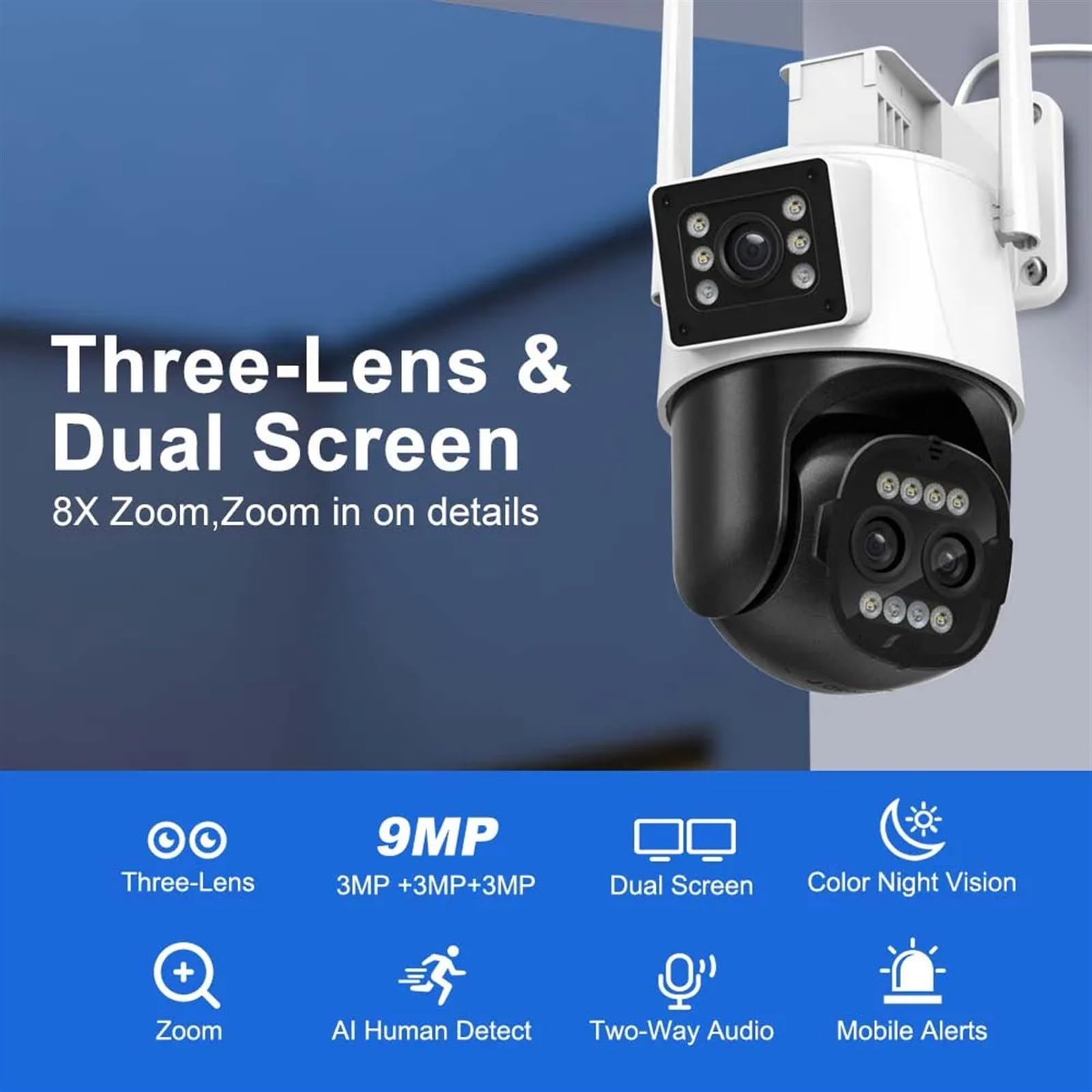 Telecamera di Sorveglianza, Telecamera IP 9MP 4K esterna Zoom 8X Tre lenti Monitoraggio automatico di sorveglianza Protezione sicurezza Telecamere CCTV PTZ