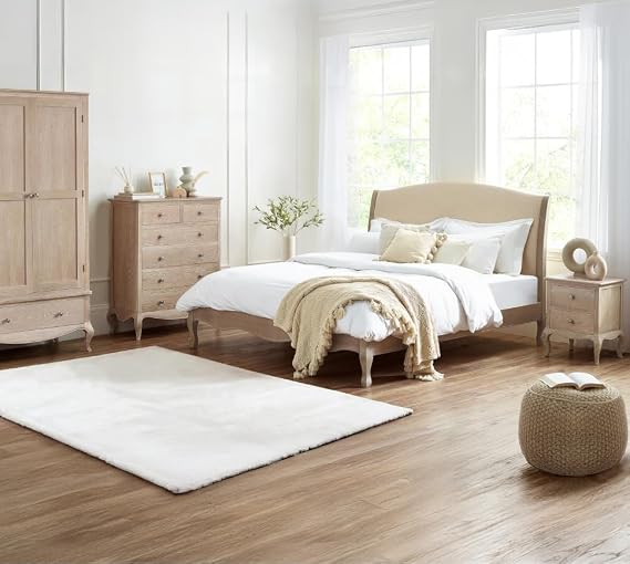 happybeds Camille Oatmeal Fabric and Oak Wooden Bed, 6ft Super King