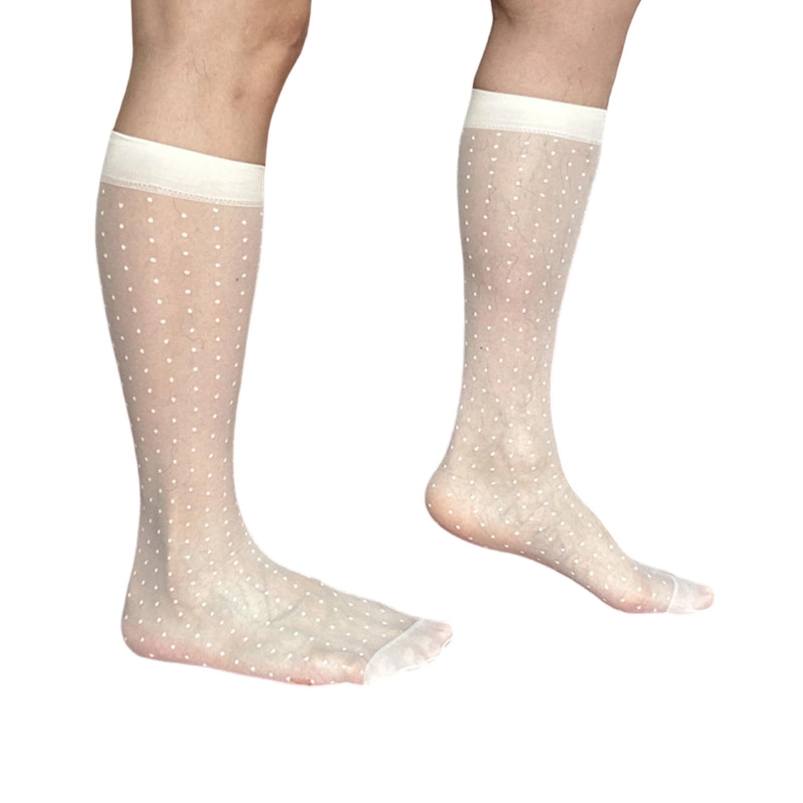 Pitadue Unisex Off Whit1 Men's Invisible Stockings Dot Patterned Super Thin Sheer Middle Calf Dress Socks For Business Occasion And Extended Wear High Stretch Men's Evening Socks