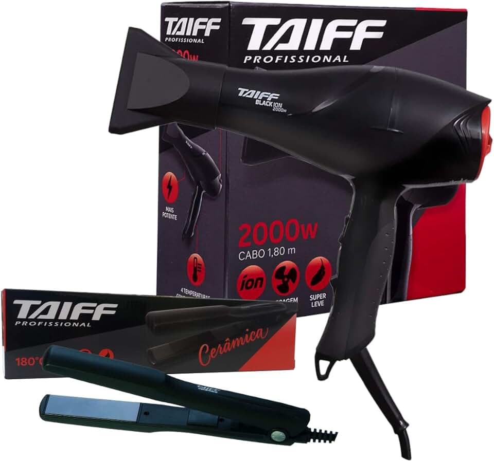 KIT TAIFF - SECADOR CABELO PROF. BLACK ION 2000W 220V + PRANCHA CERAMIC 180ºC