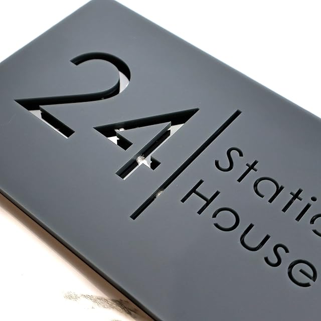 K Smart Sign | Bellissima H2 | Laser Cut Matt Dark Gray (Grey) Anthracite & Mirror Floating House Sign Plaques Address Door Number | 300mm x 160mm (Dark Matt Gray & Black Marble Effect)