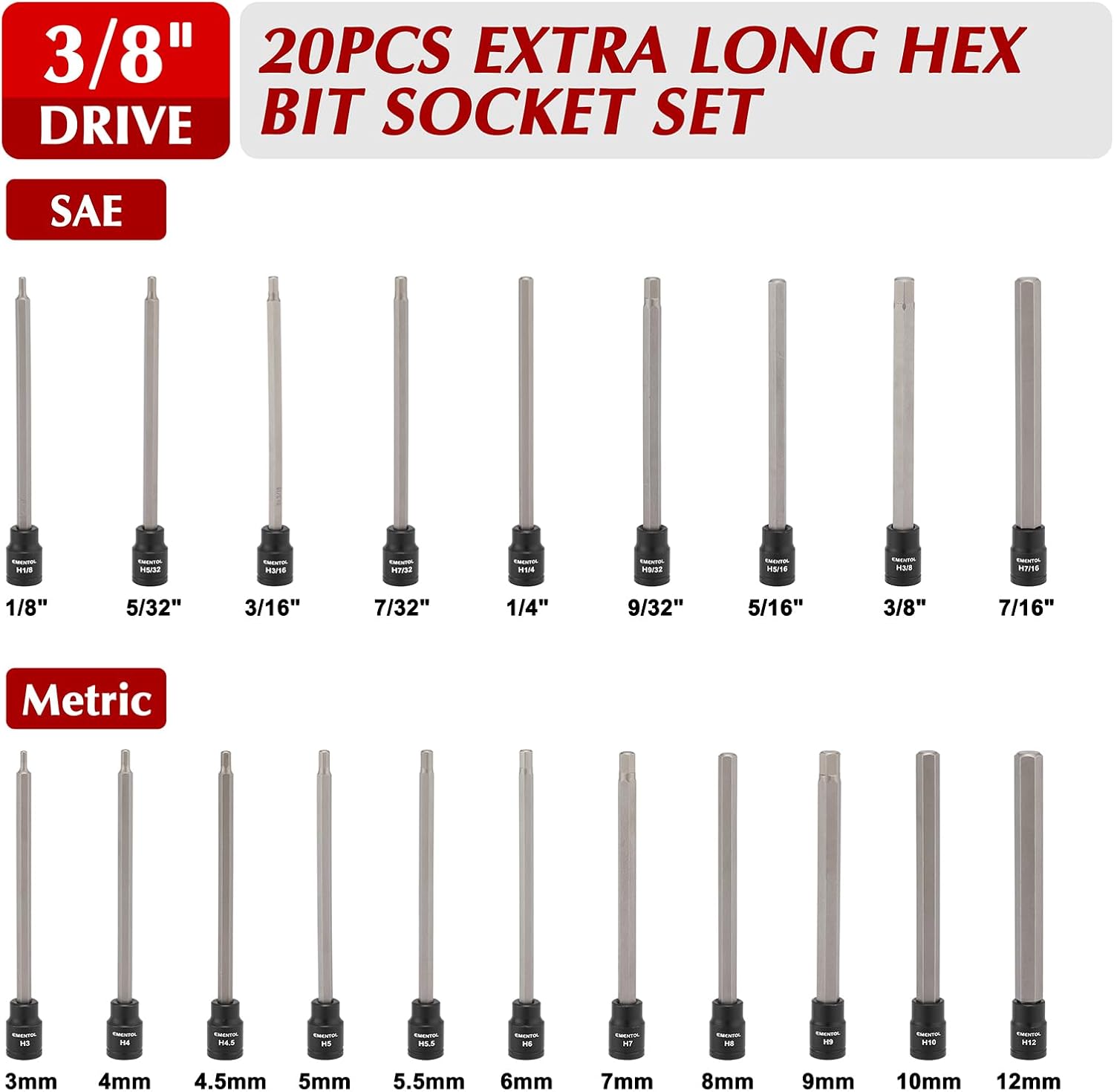 EMENTOL 20PCS 3/8-Inch Drive Hex Bit Long Socket Set, Allen Socket Set, CR-V, S2 Alloy Steel Bit, SAE/Metric, 3mm - 12mm, 1/8"-7/16"