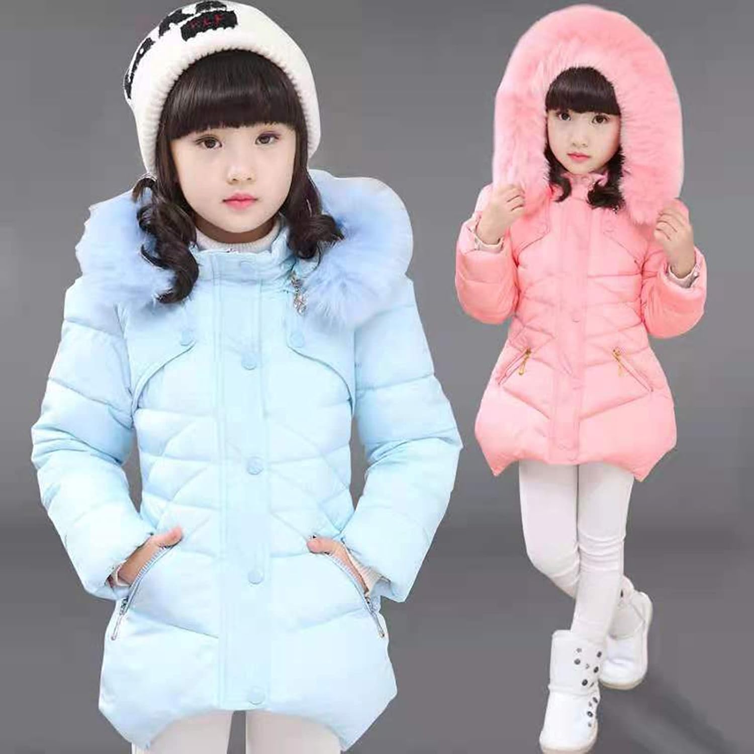 Girl's Coat Windproof Winter Warm Outwear Casual Hooded Solid Color jacket with pocket pure blue 130CM
