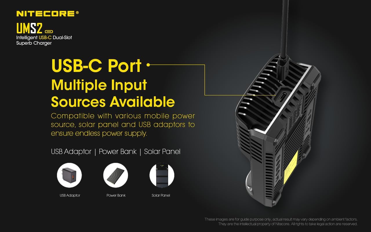 Nitecore UMS2 Intelligent USB Dual-Slot Quick Battery Charger for Li-Ion/Ni-MH/Ni-Cd/IMR 16340 14500 18650 21700 20700 AA AAA and More Batteries, with LumenTac QC3.0 Charging Adapter