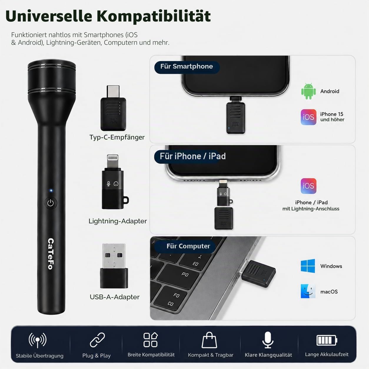 Kabelloses Handmikrofon für DJI Osmo Pocket 3, iPhone & Android, Plug-and-Play-Interview-Mikrofon, 200 m Reichweite, 60H Akku, Rauschunterdrückung für Vlog, Kirche, Unterricht