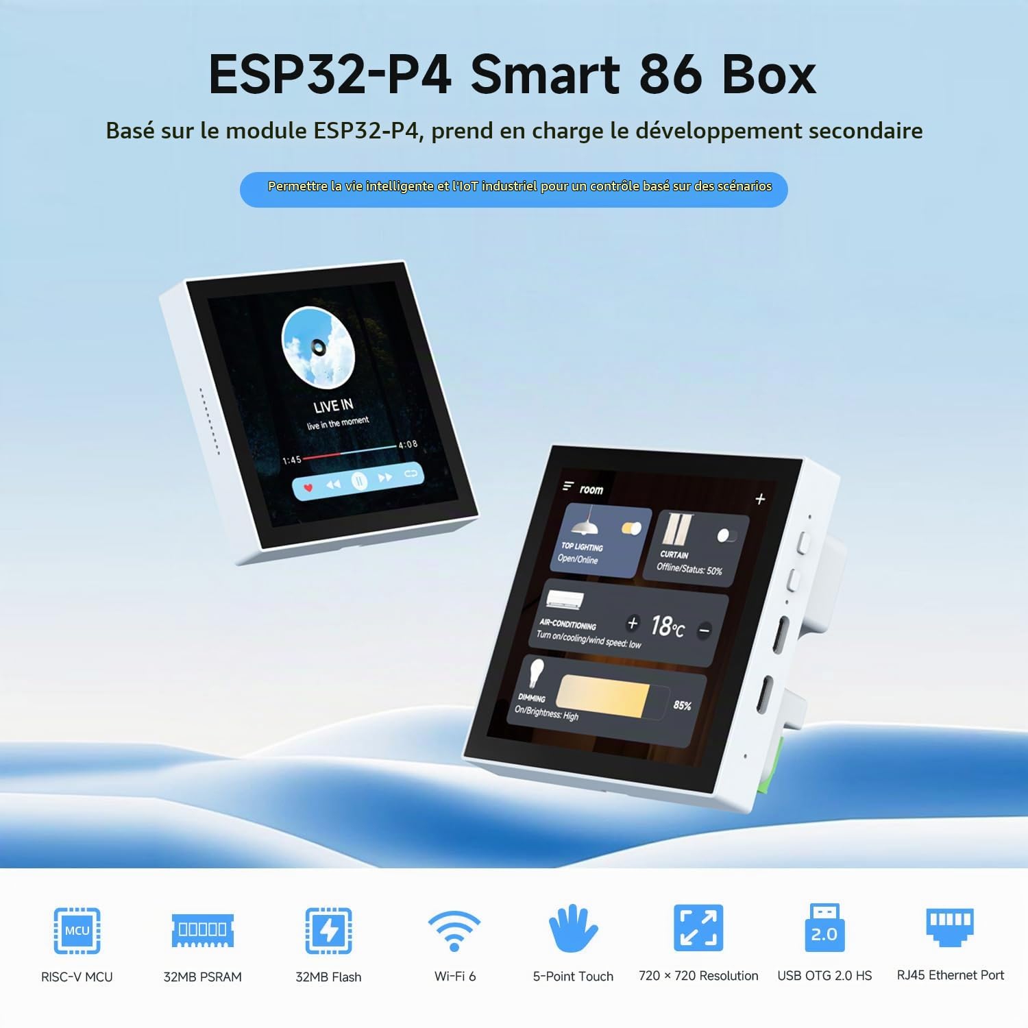 Waveshare ESP32-P4-WIFI6-Touch-LCD-4B(Support External Camera), ESP32-P4 Smart 86 Box, Dual-Core & Single-Core RISC-V, with 4inch 720x720 Pixel 5Point Touch LCD (Without Ethernet Port, RS485, Relays)