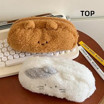 Milky Plush 3D-ear Animal Pencil Case Big Capacity Pen Holder Multifunction Pencil Pouch Box Cute Aesthetic Pen Case (Brown cookie bear)