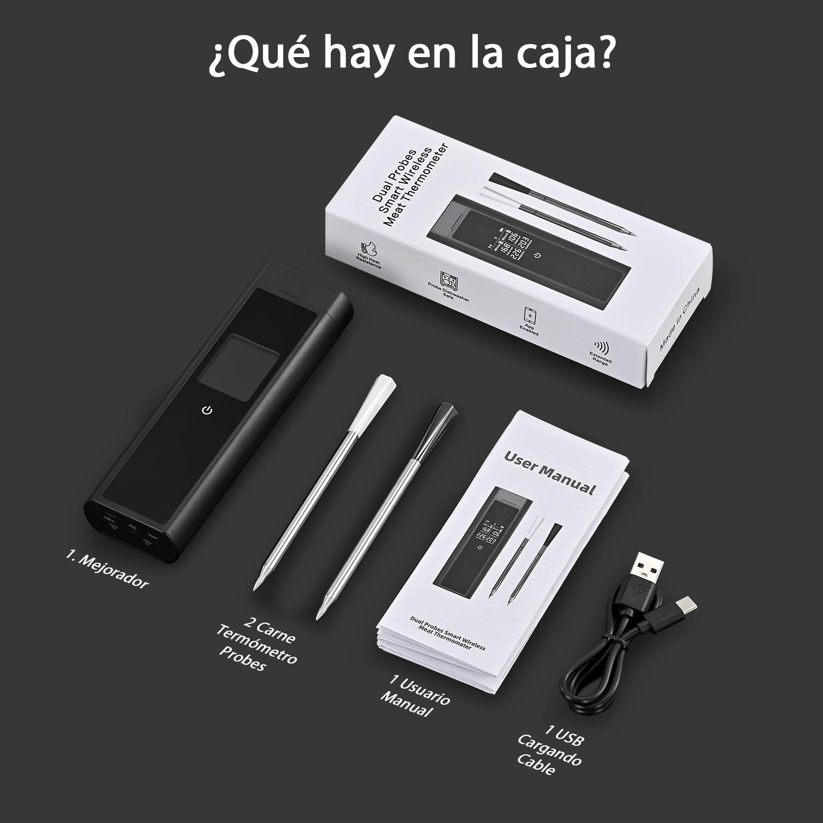 BlueSwan Termómetro de Cocina Inalámbrico con 2 Sondas Aptas para Lavavajillas IP67, Termómetro Digital Inteligente Caja Magnética, 150m Bluetooth App y 9 Modos de Carne, BBQ, Parrilla, Horno, Grill