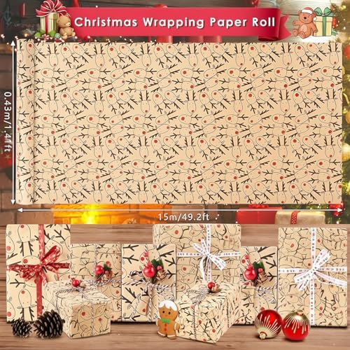 Christmas Wrapping Paper Roll,43cm*15m christmas paper,Recyclable Elk head Kraft Paper for Boxes Wrap,Gift Wrapping for Christmas,ECO-friendly Present Decorations -Elk head (Deer head) - Image 4