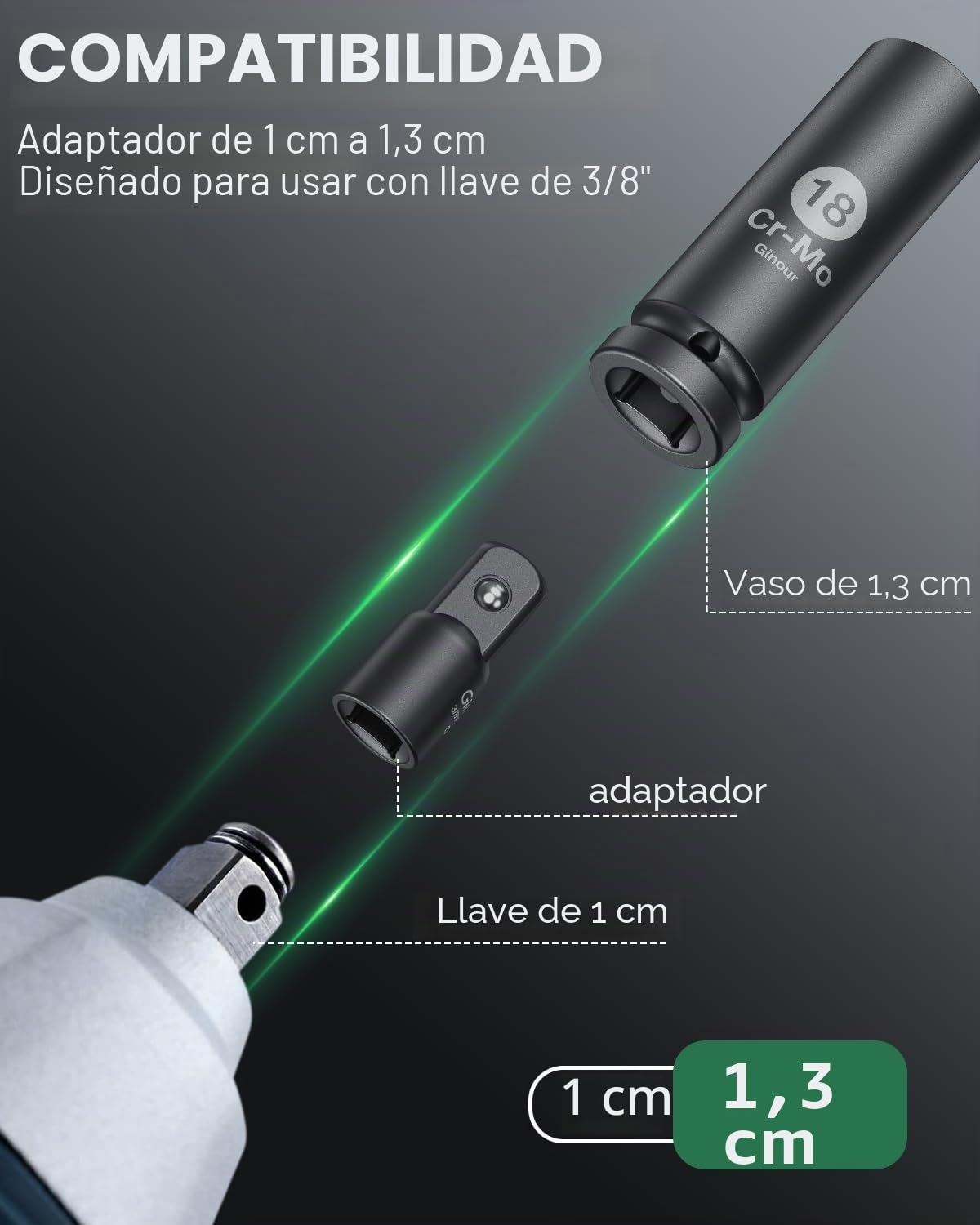 Ginour Juego de Vasos de Impacto 17 Piezas 1/2" CR-MO 10-32 mm | Vasos de 6 puntos incluye adaptador de 3/8" a 1/2", ideal para llaves de impacto neumáticas y eléctricas, reparación y taller