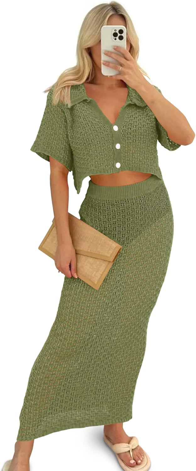 Saodimallsu Women Crochet Beach Cover Up Set Knit Crop Button Short Sleeve Collar Top Bodycon Long Skirt 2 Piece Outfits - Image 2
