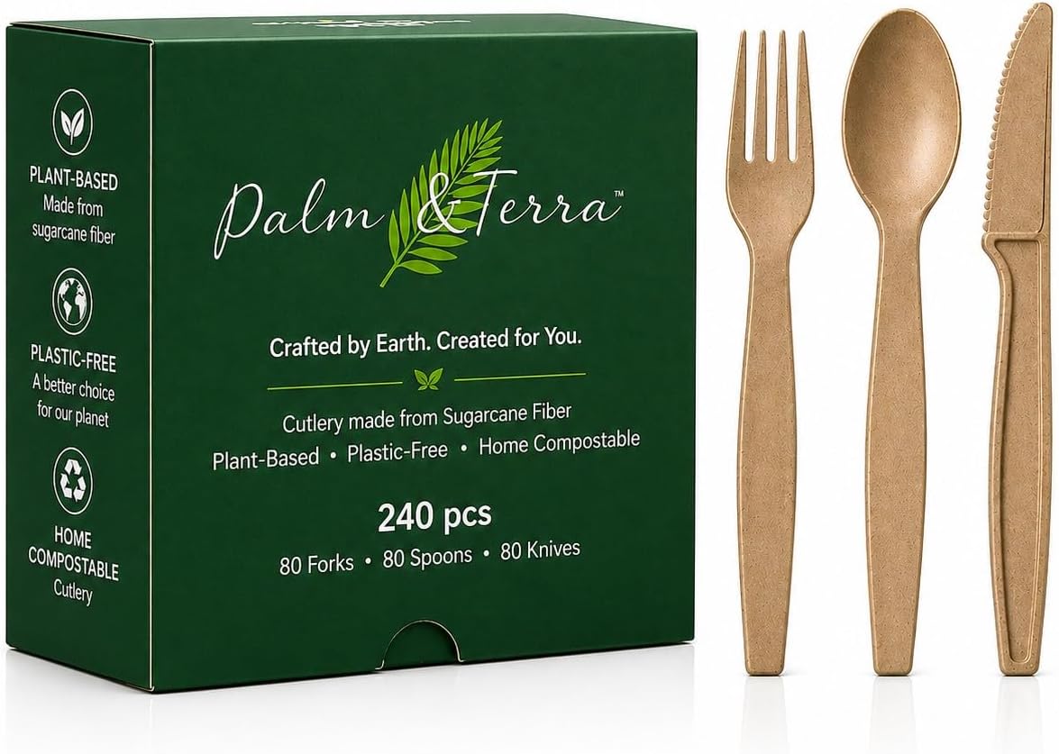 Palm & Terra 240-Piece Compostable Sugarcane Cutlery Set | Parties, Catering, Events, Strong for Hot & Cold Foods, Compostable Cutlery, Disposable Cutlery