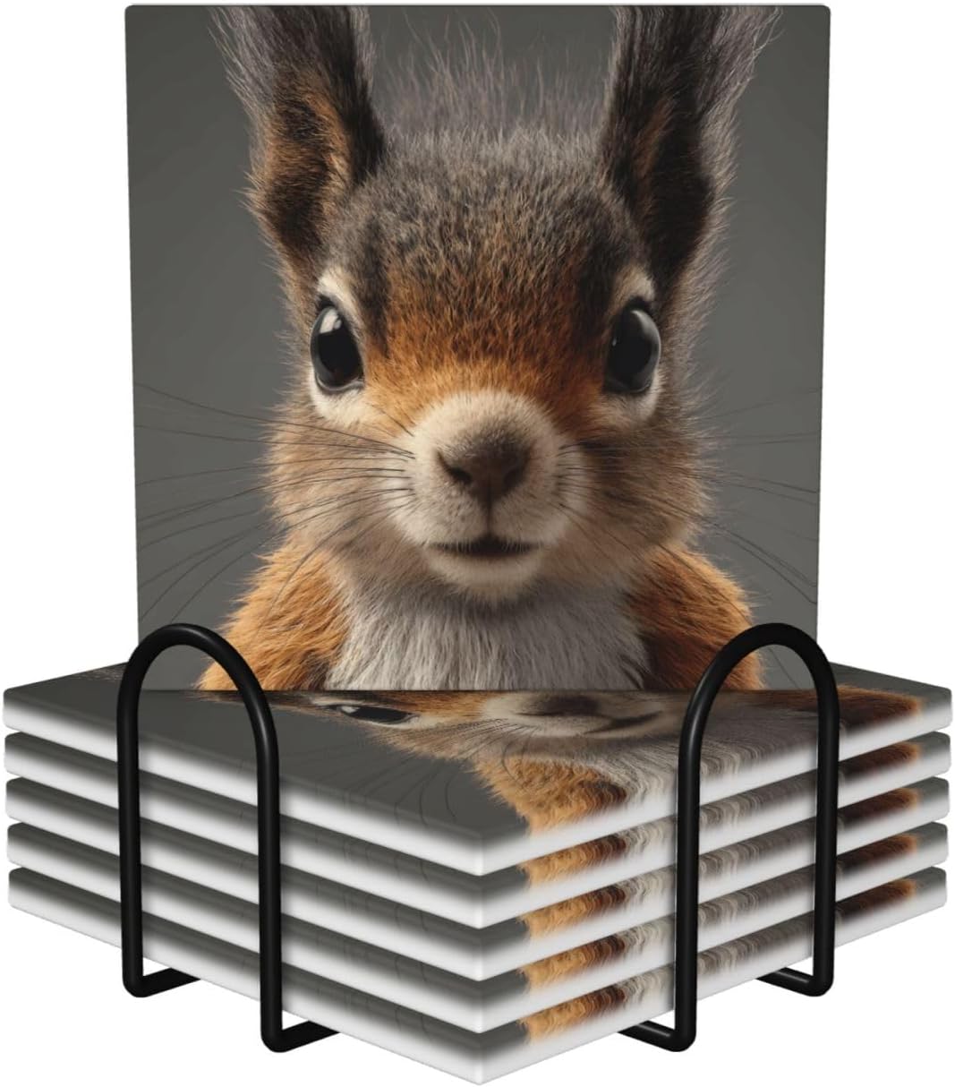 (Funny Squirrel) Ceramic Coasters Set of 6 with Holder Non-Slip Square Coffee Coasters for for Cup Mug Drink Patio Coffee Table Decor, Christmas Coasters Home Bar Supplies