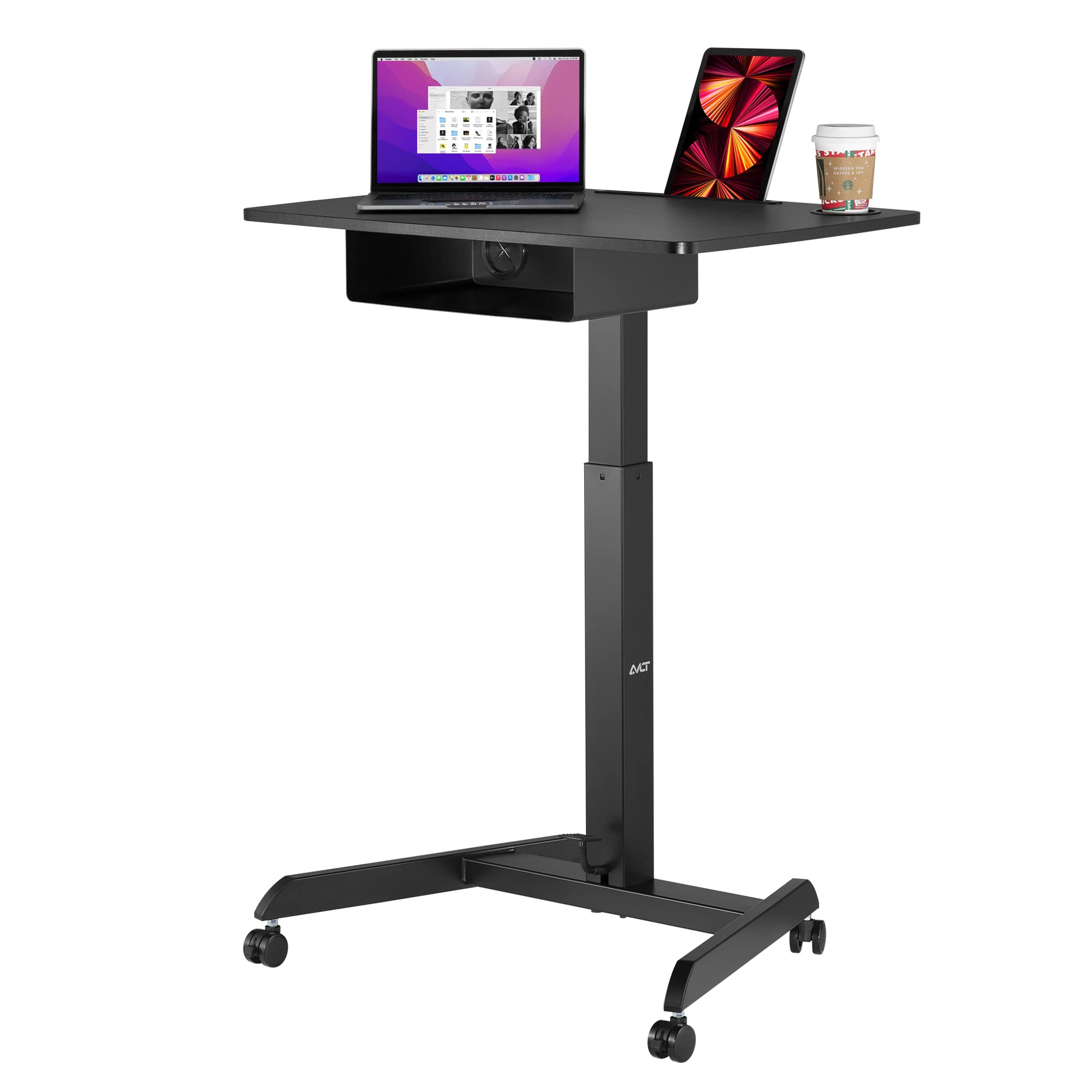AVLT 44" Height Adjustable Foot Pedal Rolling Desk with Shelf (3 ft 8 inches) - Pneumatic Laptop Standing Desk Cart - Mobile Laptop Cart - Black Computer Projector Cart with Brake Casters