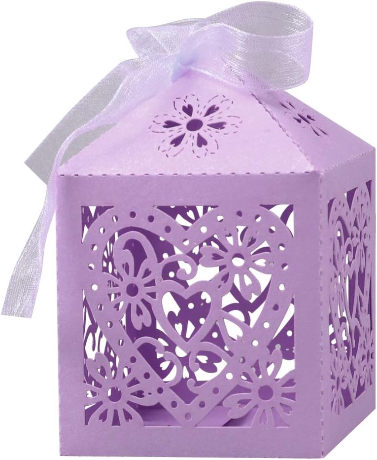 Lucky Monet 25/50/100PCS Love Heart Laser Cut Wedding Candy Gift Box Chocolate Box for Wedding Favor Birthday Party Bridal Shower with Ribbon (25pcs, Lavender) - Image 2