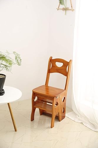 Miniatura 6 de Silla plegable de madera para biblioteca, taburete multifuncional 2 en 1, ligero, portátil, multifuncional, taburete de 4 escalones de doble Nogal