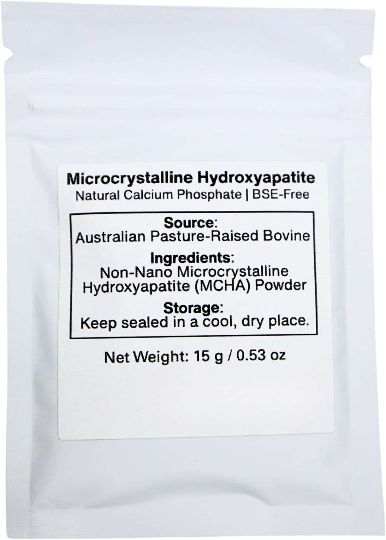 100% Microcrystalline Hydroxyapatite MCHA Powder, Non-Nano, Lab-Verified Calcium Phosphate from Australian BSE-Free, Pasture-Fed Cattle, High-Purity Raw Material for DIY Formulations, 0.53 oz / 15 g