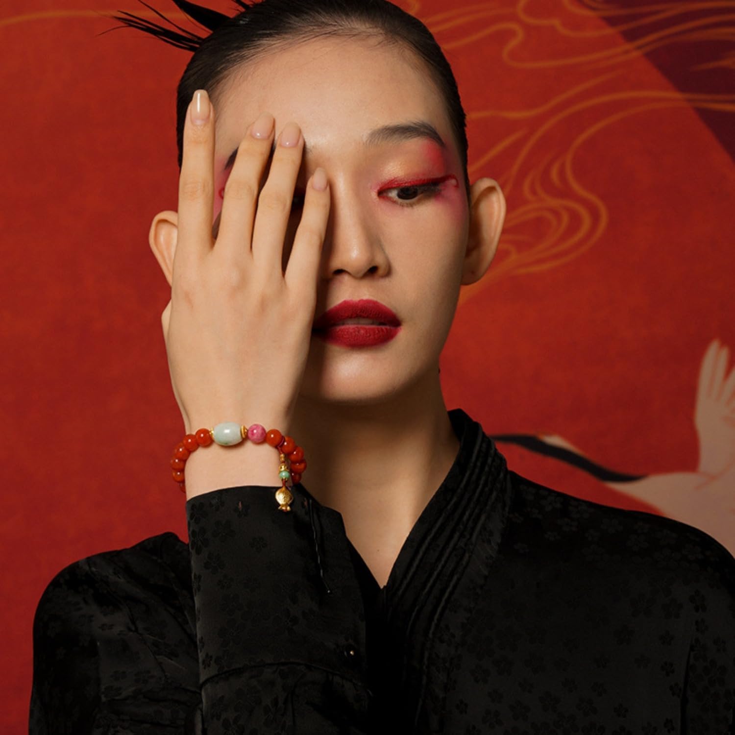 S925 Sterling Silver Jadeite Bracelets, Red Agate Jadeite Pearl Beaded Barrel Bead Rhodonite Dzi Bracelet with Lucky Koi Fish Charm, Gift for Friend on Birthday - Image 4