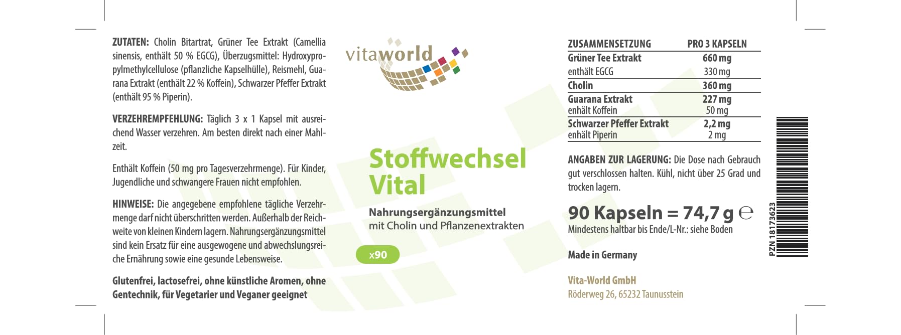 Vita World Stoffwechsel Vital 90 Kapseln, Mit Cholin, Bitterstoff EGCG, Guarana und Piperin, Vegan (3)