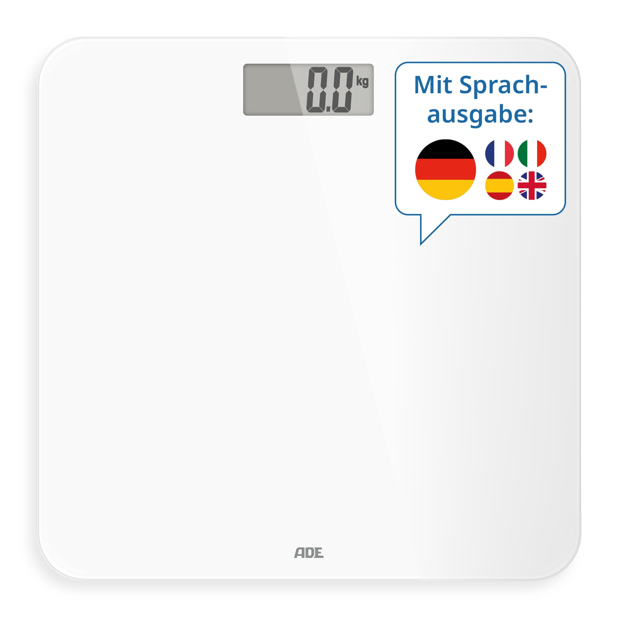 ADE Pèse-personne parlant Gina | Fonction vocale et annonce du poids jusqu'à 250 kg | 5 langues | Pèse-personne numérique en verre de sécurité