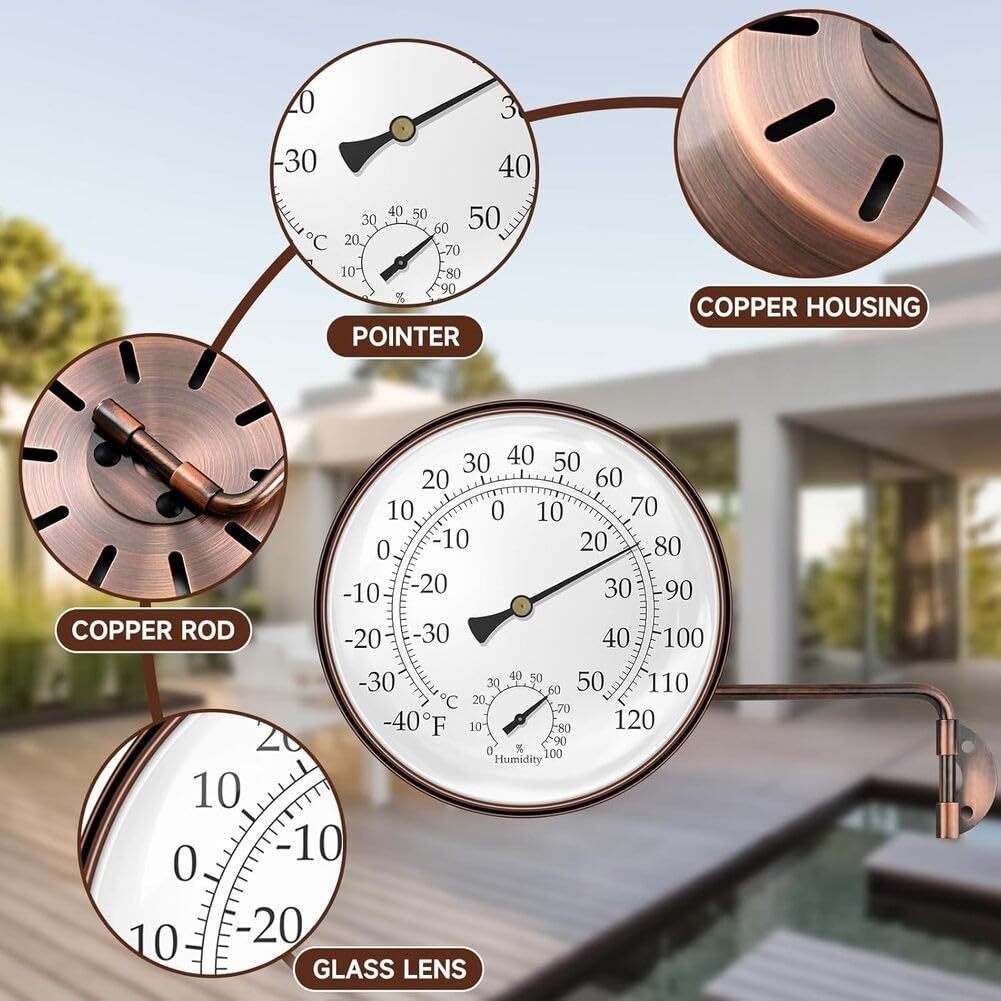 6 Zoll Kupfer Outdoor Thermometer Hygrometer, Wetterfest Analog für Zifferblatt °F/°C Skala Sensor für Garten Terrasse Gewächshaus Garage Wandhalterung
