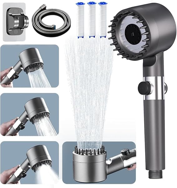 Ion Drops Shower Head, High Pressure Shower Head and Hose Set with 4 Filters, 59‘’ Hose & Bracket, 4 Spray Modes & Pause Switch, Ion Drops Filtered Showerhead with Handheld, Gray - 1