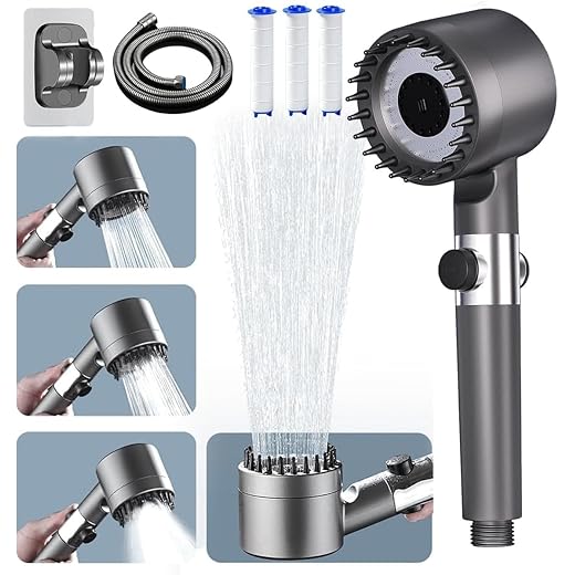 Duschkopf mit Filter Hochdruck Handbrause mit Filtration in15Schichten1,45M Schlauch3Strahlarten Druckerhöhende Duschbrause für Entfernen vom harten Wasser,Rest-Chlor,Bakterien und Schwermetall
