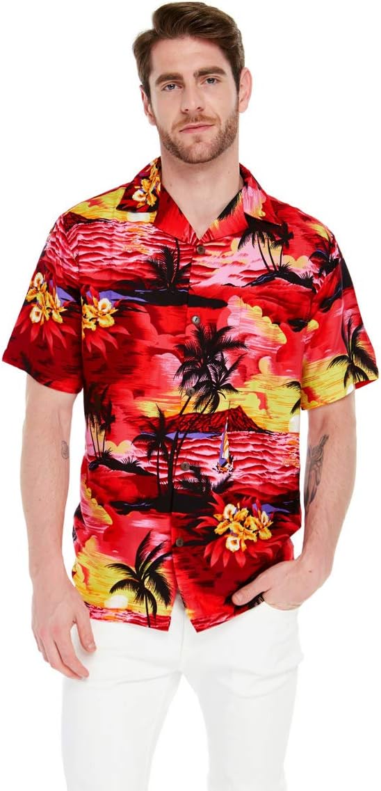 Matchable Couple Hawaiian Luau Shirt or Off-Shoulder Ruffle Muumuu Top in Sunset Red