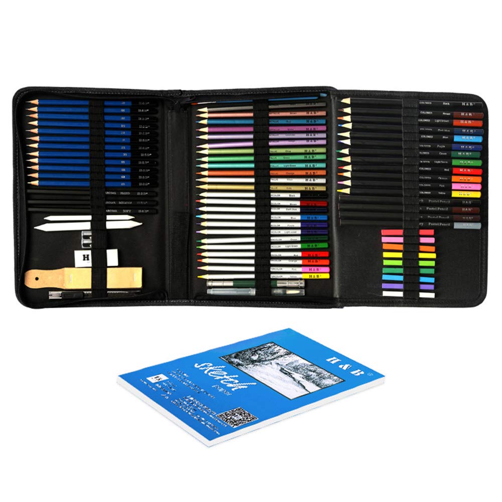 H&B 74pcs/set Professional Drawing Kit Sketch Pencils Art Sketching Painting Supplies with Carrying Bag