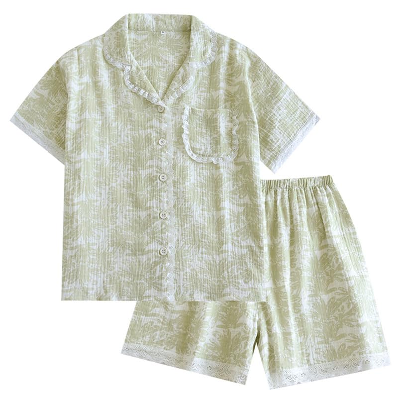 Shanghai Story Men's Notched Collar Short Sleeve Sleepwear Short Pants Pajamas Sets Lace PJS Green