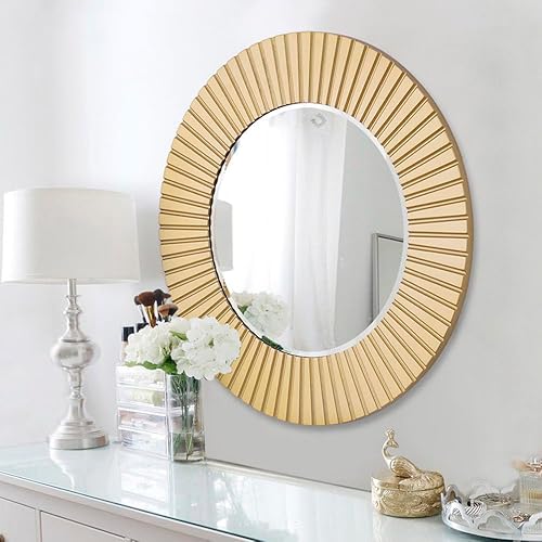 Miniatura 2 de Chende Espejo dorado para decoración de pared, espejo decorativo redondo de 30 x 30 pulgadas con marco de madera, elegante espejo de acento