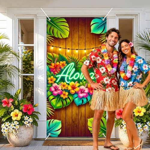 Image of BlissYard Aloha Door Cover Tiki Wall Hanging Door Banner for Summer Aloha Luau Party Front Door Banner Porch Sign for Decorations Hawaiian Luau Party Supplies Photo Backdrop 35.4 x 70.9 Inch
