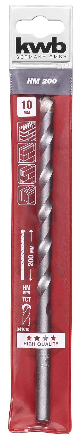 kwb Masonry Breakthrough Drill Ø 10 Mm, Length 200 Mm, With Robust Carbide Plate, Chipless formed Drill Spiral, Shot-Peened Surface and Round Shank, Complies With Iso 5468