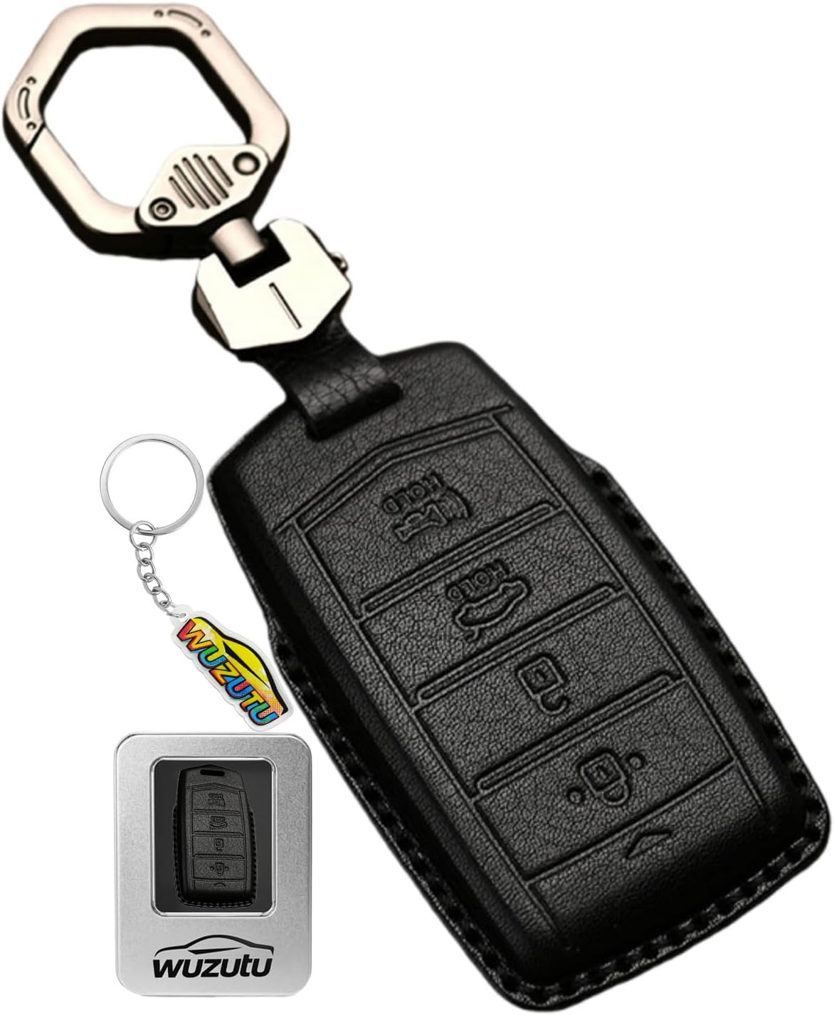 For Genesis GV80 Car Key Fob Cover Compatible With Genesis G70 2019 2020 2021 G80 2017 2018 2019 2020 G90 2021 2022 GV90 EQ900 Hand Sewn Leather Key Protective Case Key Holder 4 Buttons-Black
