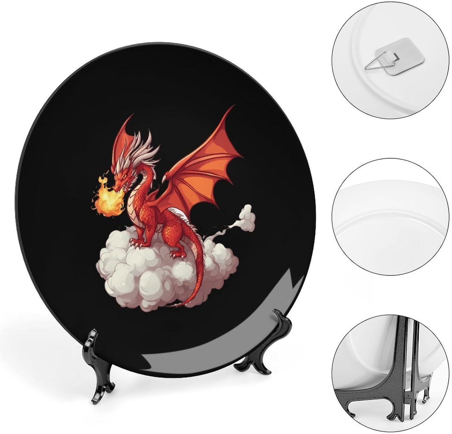 Dragon Breathes Fire Bone China Decorative Plate with Stand Home Dessert Plates Gift for Men Women 6inch