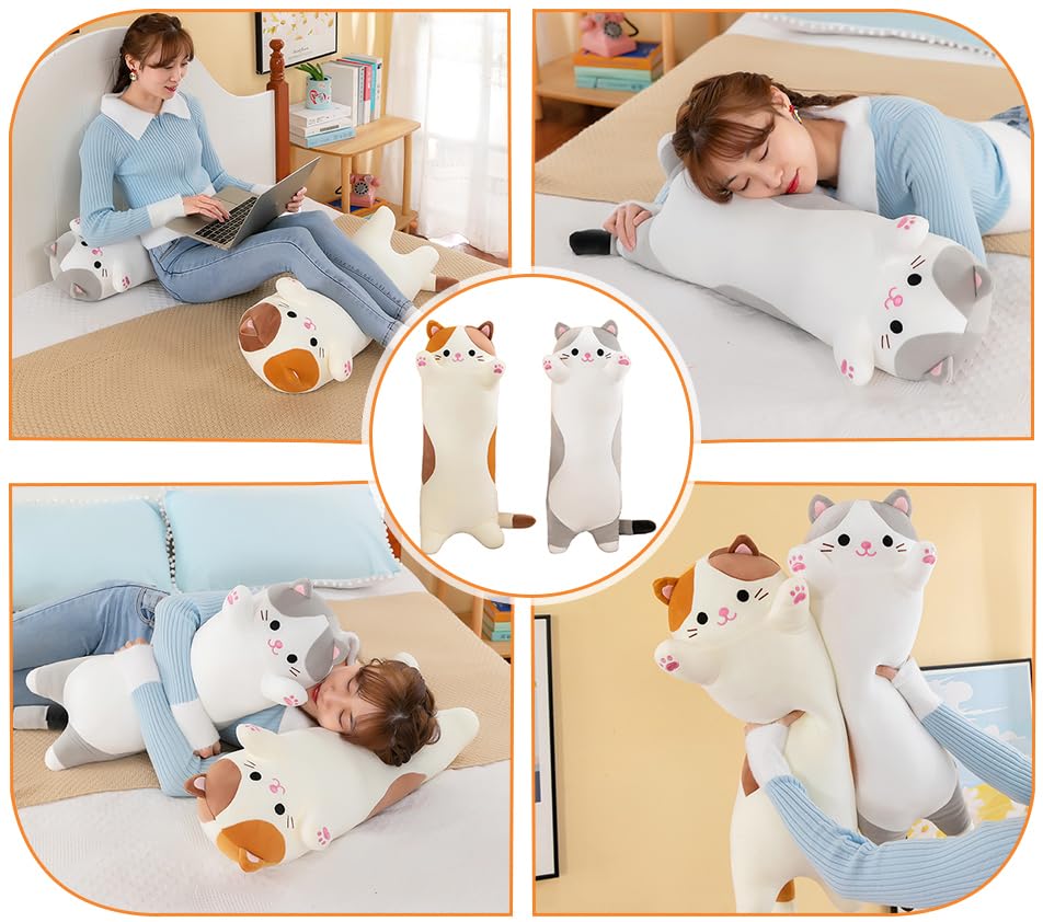 Oeonuas Cute Cat Plush Long Body Pillow Cuddle Cartoon Stuffed Animals Cat Plushie Soft Doll Pillows Gifts for Kids Girls (Orange, 27"): New Gray-27 Inch