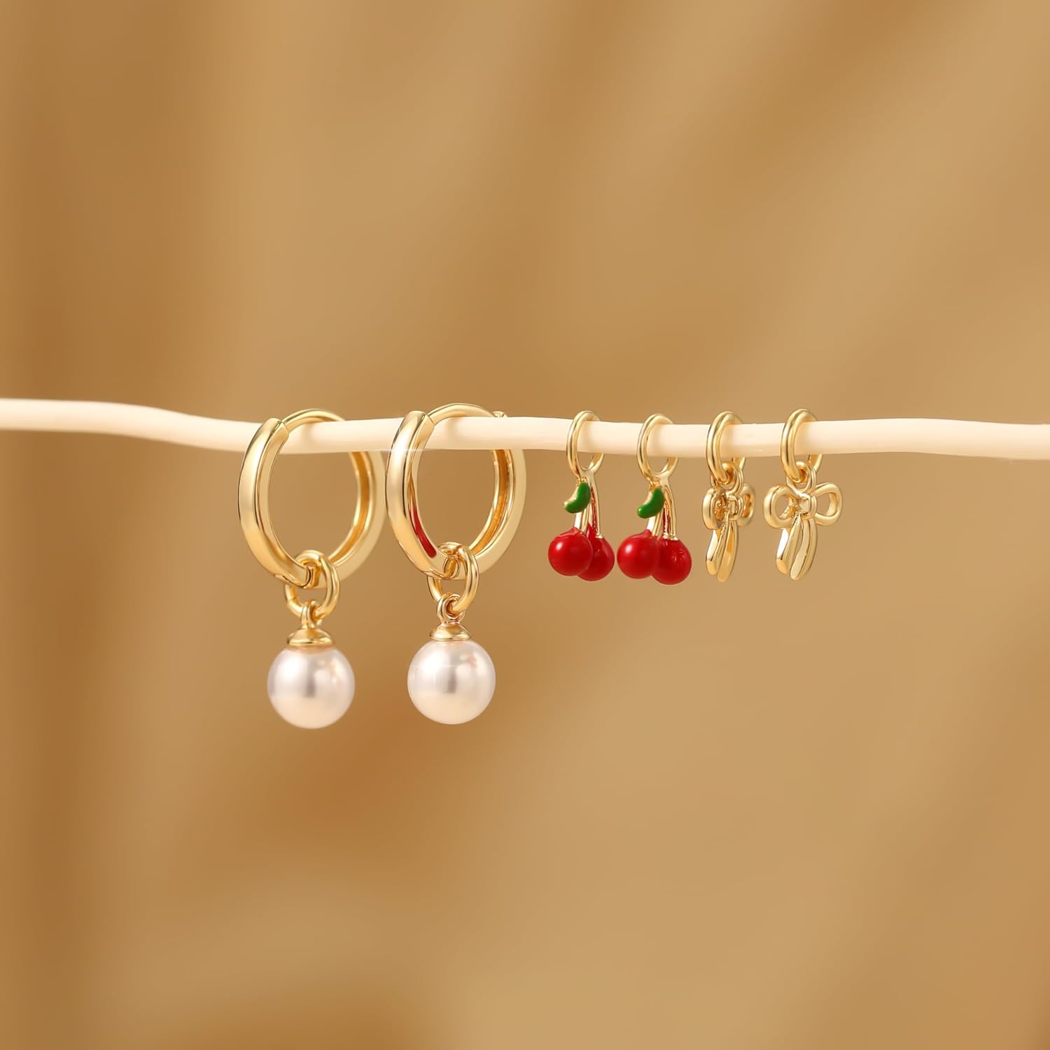 Freekiss Gold Hoop Earrings and Charm Set for Women Trendy: 14K Gold Plated Small Huggie Hoop Earrings Interchangeable Dangle Charm Set Hypoallergenic Cute Earrings Jewelry Pearl Bow Cherry Charms