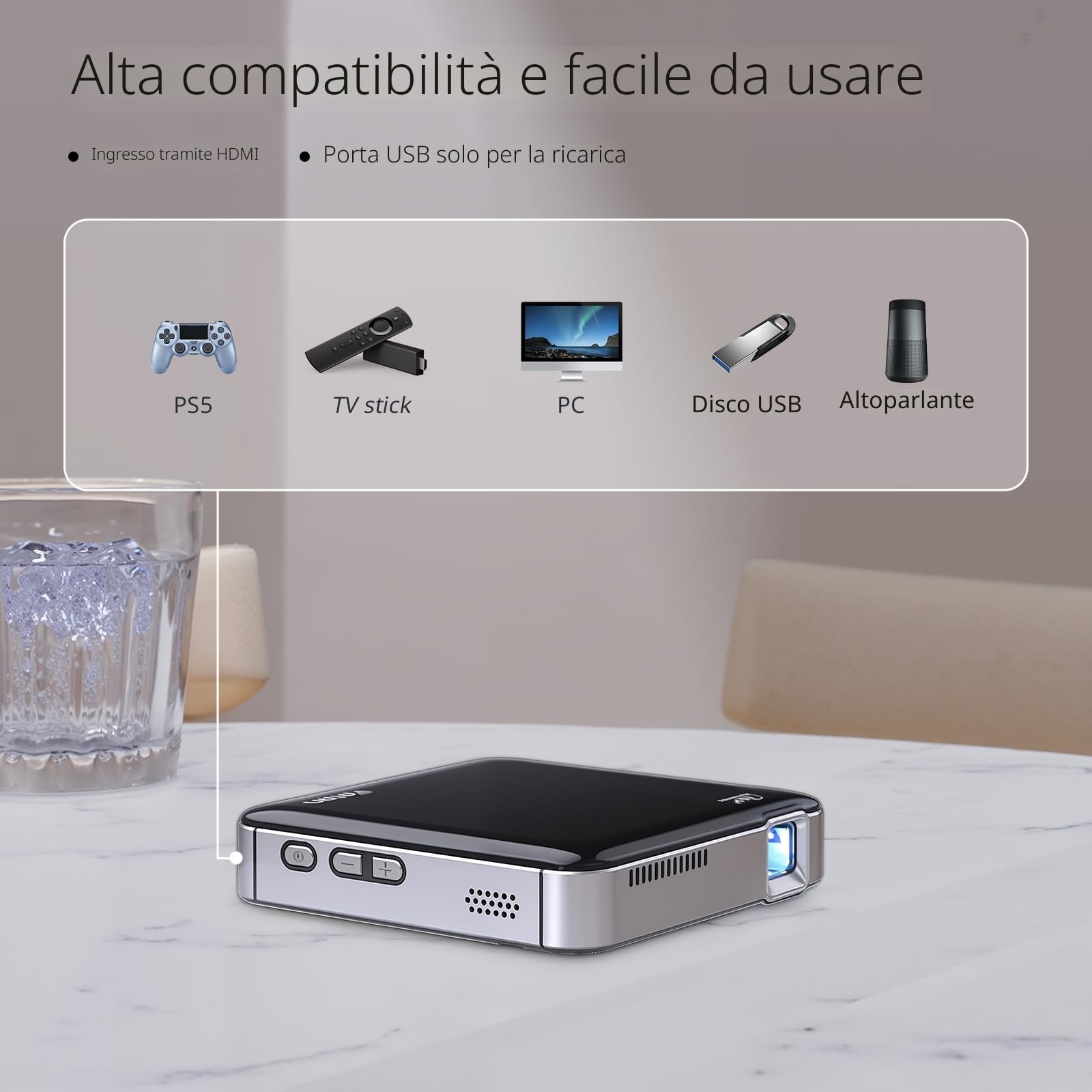 Yoton Mini Proiettore Portatile Y200 DLP, Videoproiettore con Batteria 3400mAh, Proiettore Silenzioso per Home Cinema/Campeggio, HDMI Compatibile PS5/Switch, Treppiede Incluso 2 Anni Garanzia