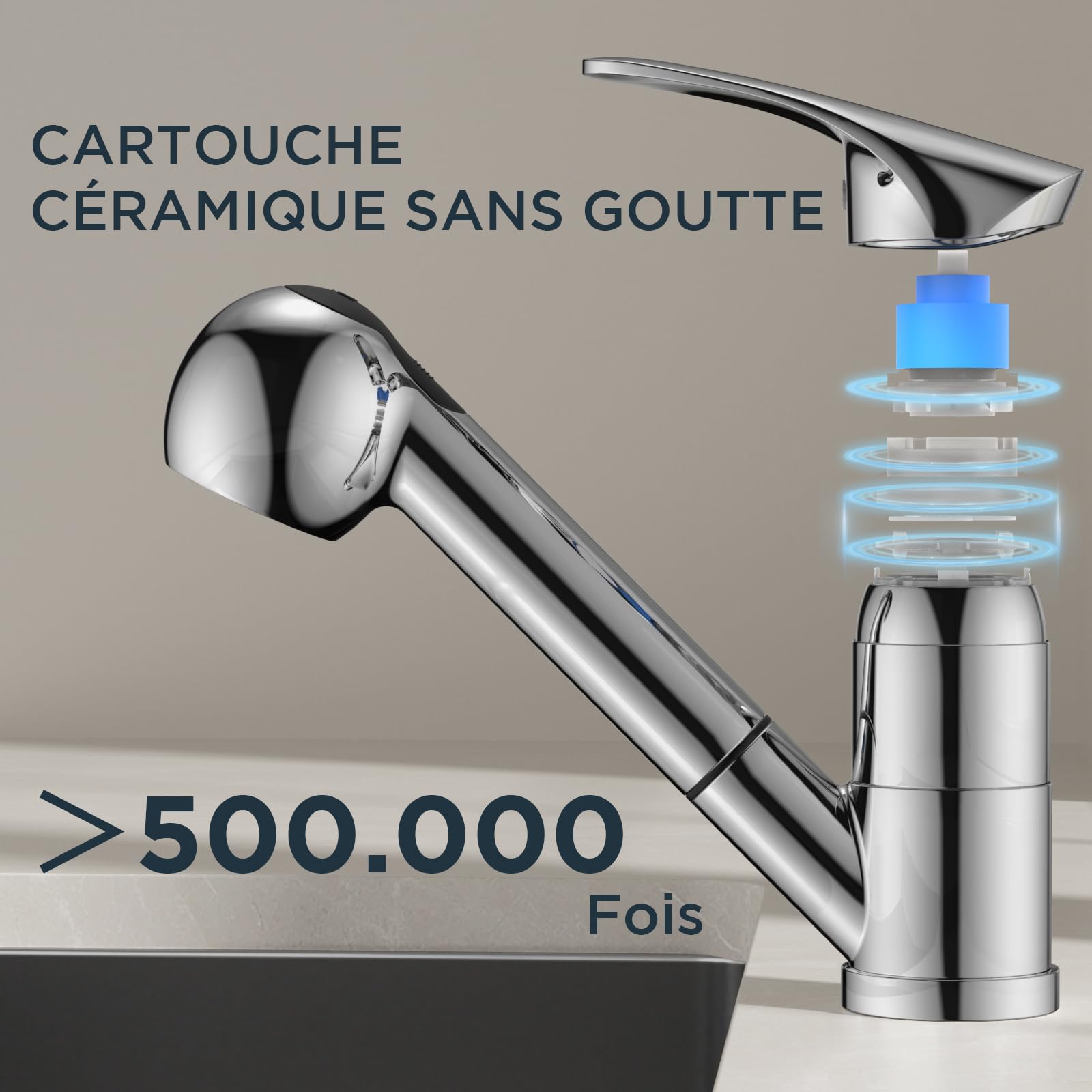 FORIOUS Robinet Cuisine Chrome Poli, Mitigeur Cuisine avec Douchette Acier Inoxydable, Monocommande, Monolevier Pivotant À 360° pour 1 Trou