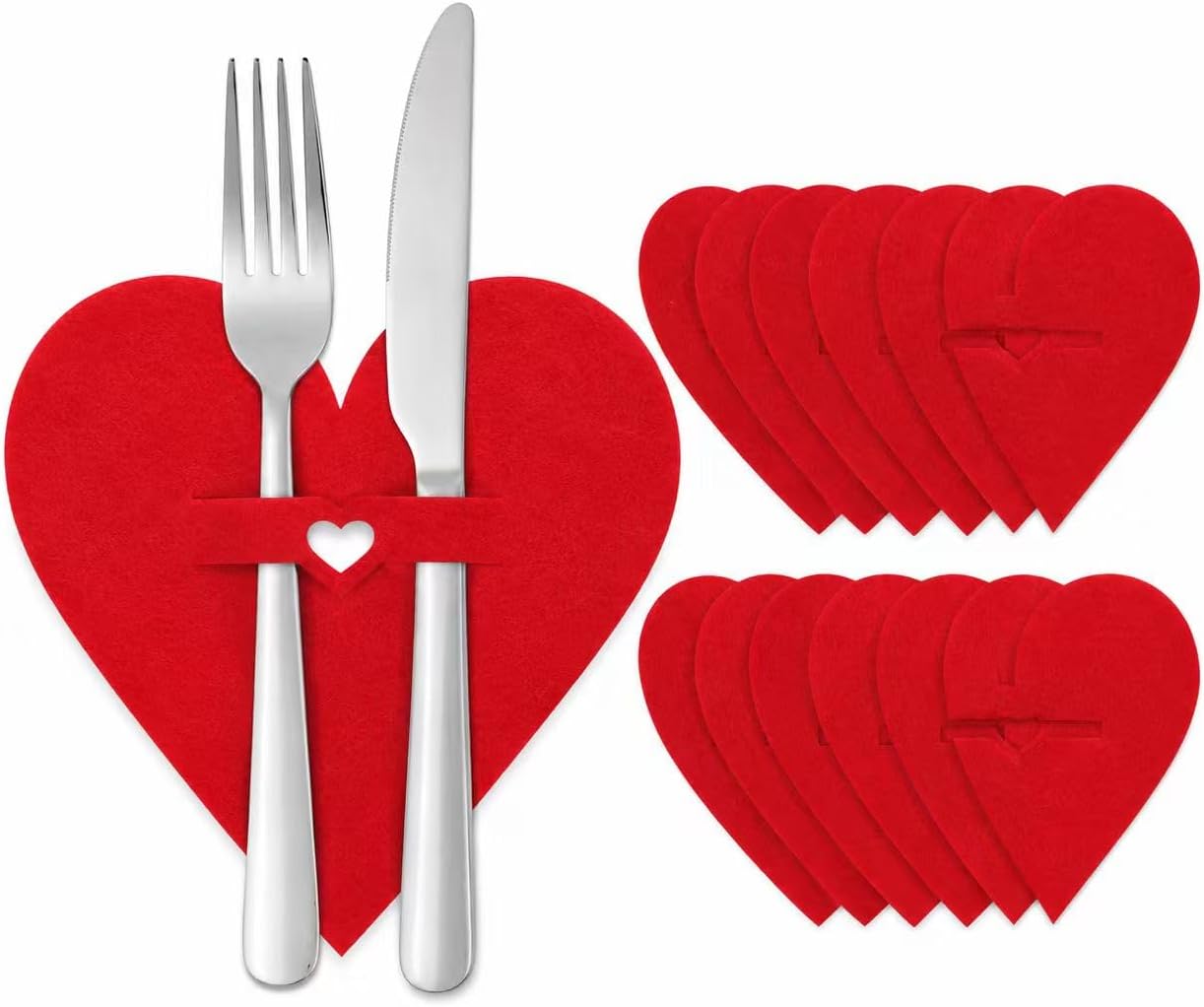 Red Heart Shaped Silverware Holders 12 Pack Cutlery Pockets Table Decor