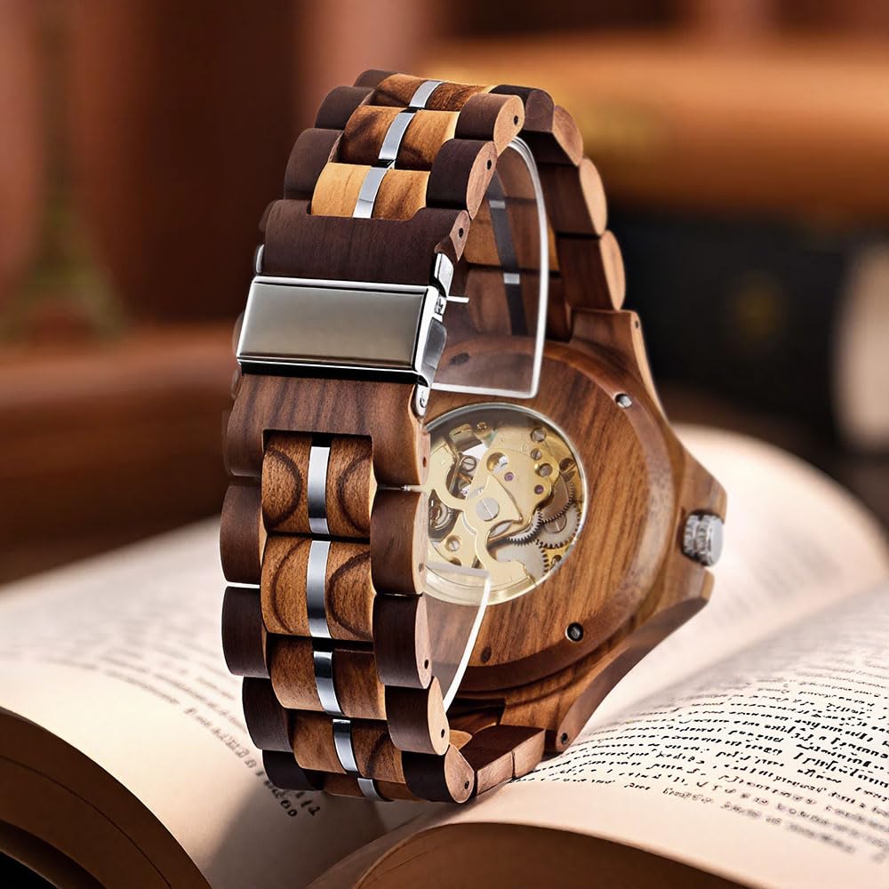 Tiong Herren Holzuhr Mechanische Skelett Automatisches Uhrwerk Holzuhren | Retro Leichte Herrenuhr mit Holz Geschenkbox, Klassische Holzuhr als Geschenk für Männer
